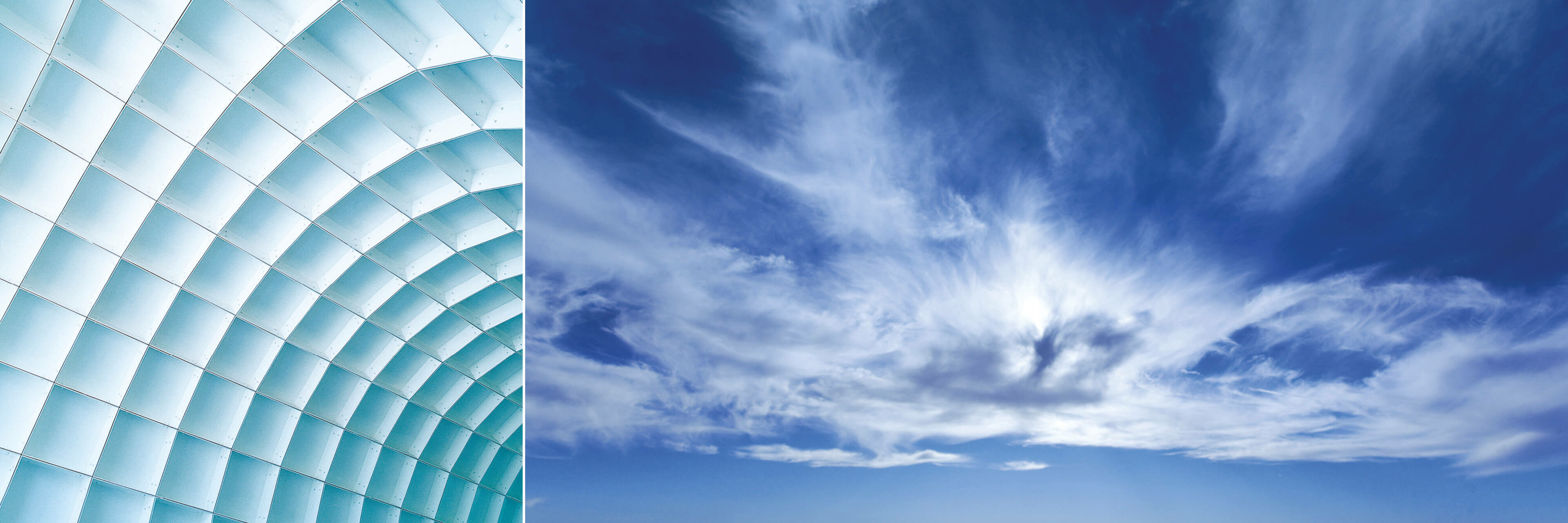 Bildkomposition, links: helle, moderne Dachkonstruktion, rechts: blauer Himmel mit freundlichen Wolkenschlieren