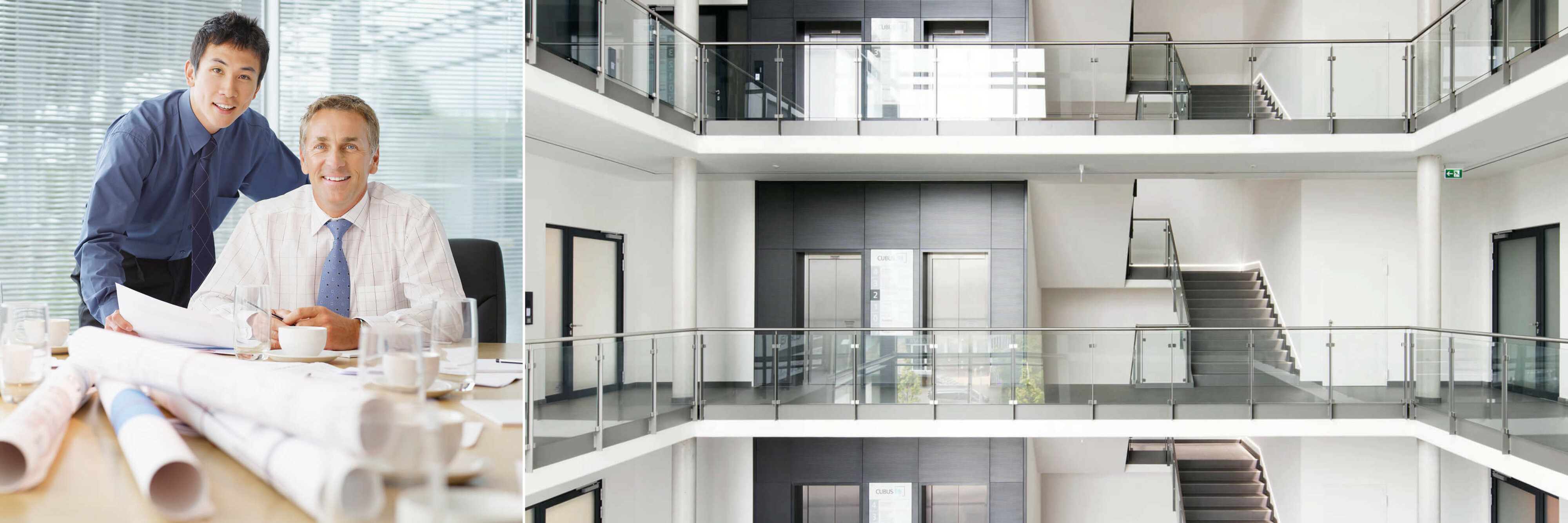 Bildkomposition, links: 2 Architekten beraten über Bauplänen, rechts: Galerie im CUBUS BB entlang des Lichtschachts